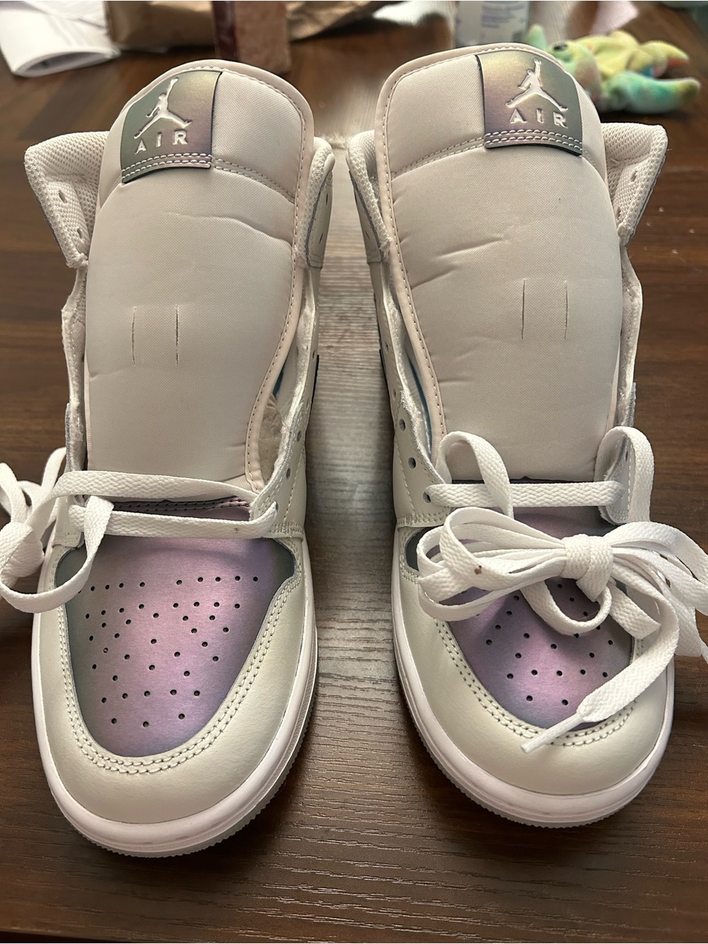 Jordan men White Sneakers with Iridescent Purple Toebox